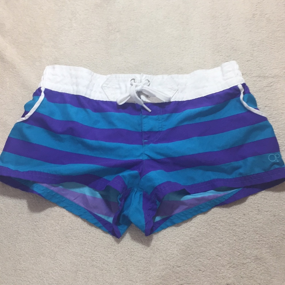 OP Blue White Striped Beach Swim Shorts Size Med